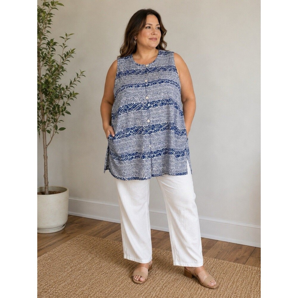 Bogari Woman 100% Silk Sleeveless Tunic Top Blue White Tribal Print Size 24W - Picture 13 of 13